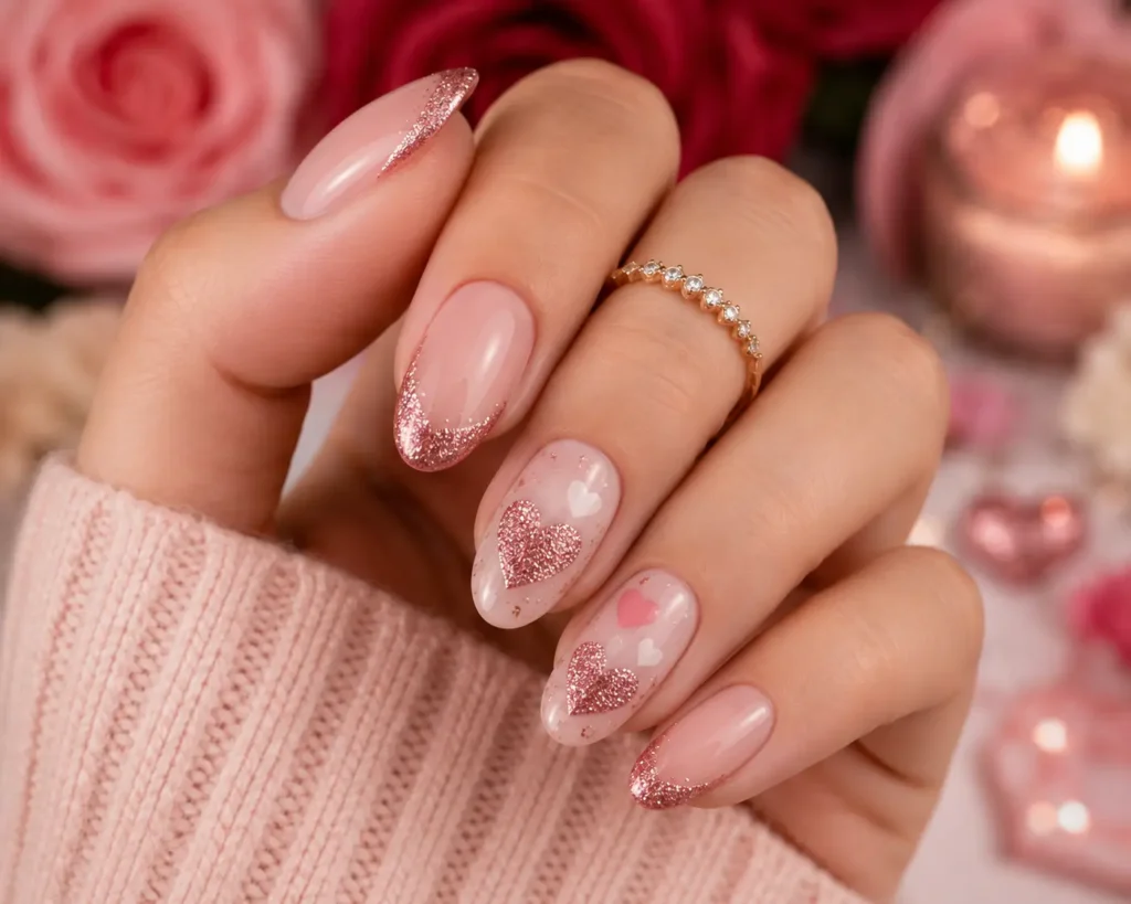Anniversary Heart Nail Designs With Glitter