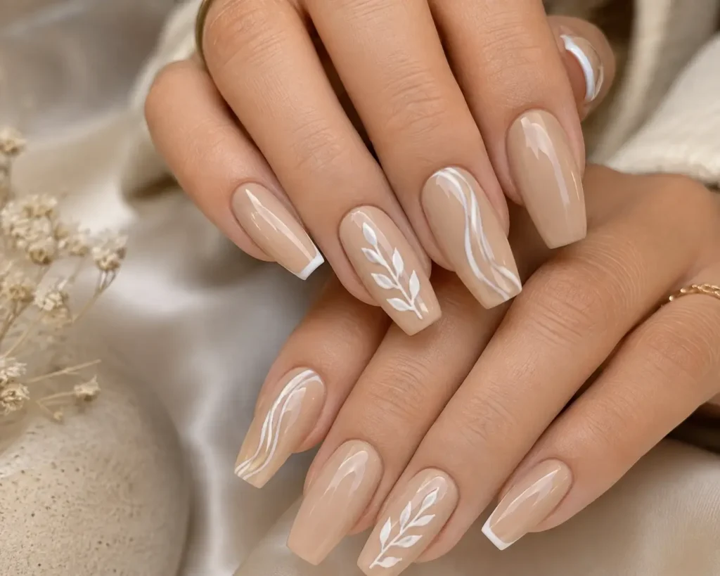 Beige Nails With White Design