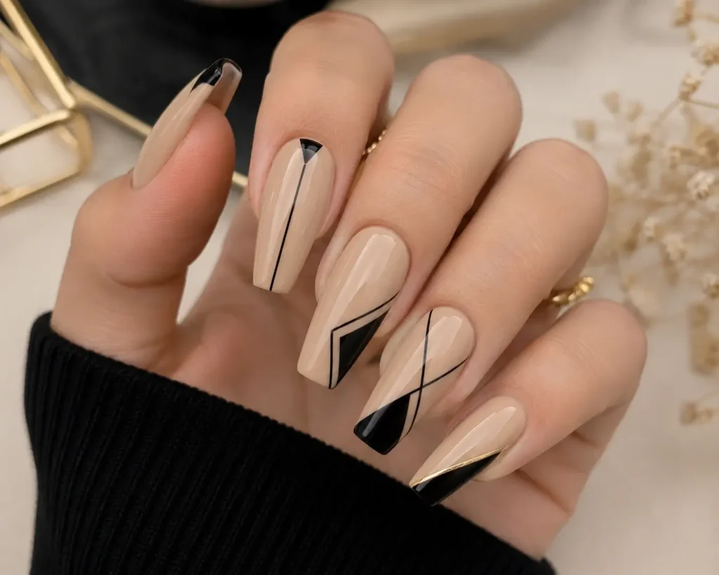 Beige and Black Geometric Nails