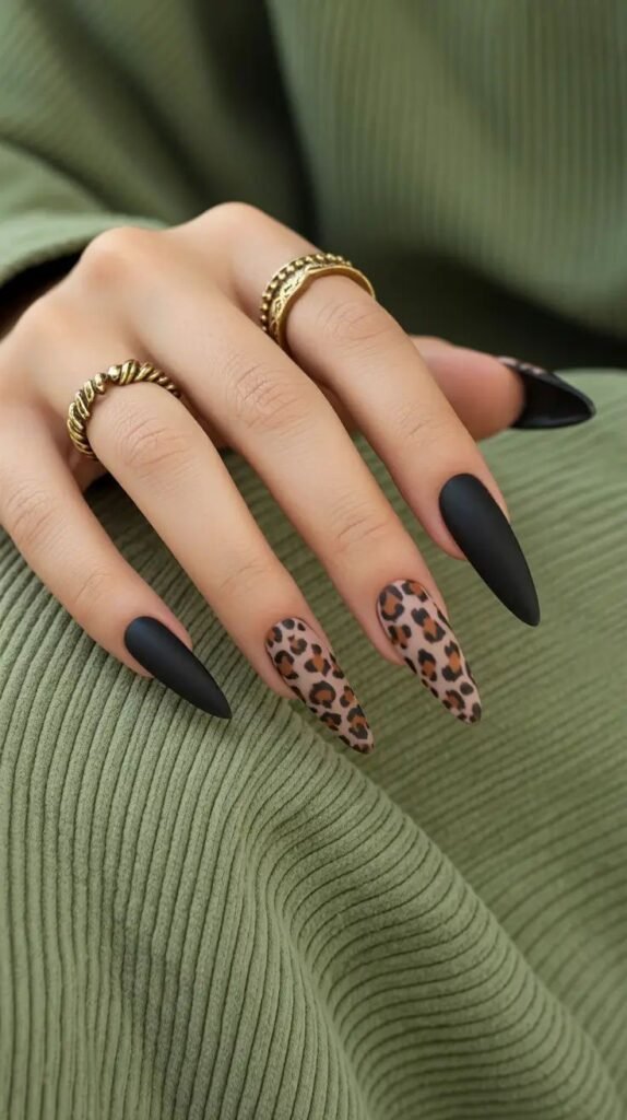Black Leopard Print Stiletto Nails