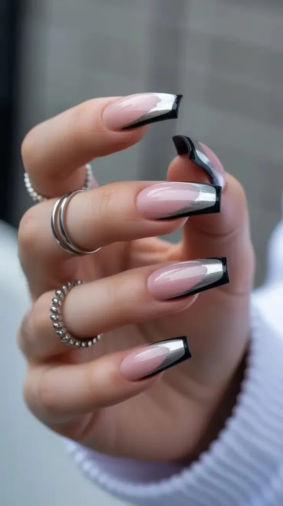 Black & Silver Chrome French Tip Nails