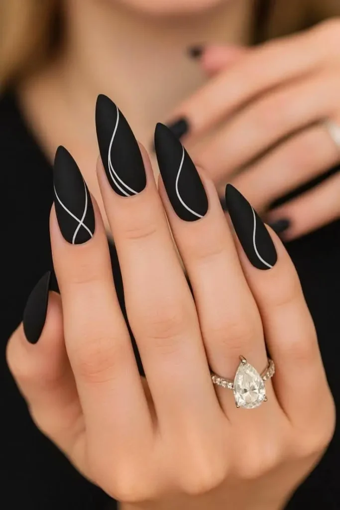 Black Wedding Nails for Bride with White Lines