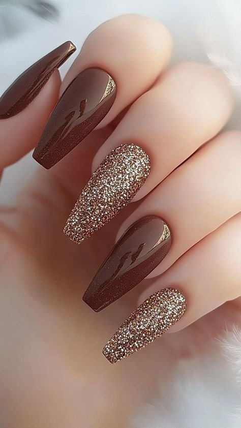 Brown Glitter Coffin Nails