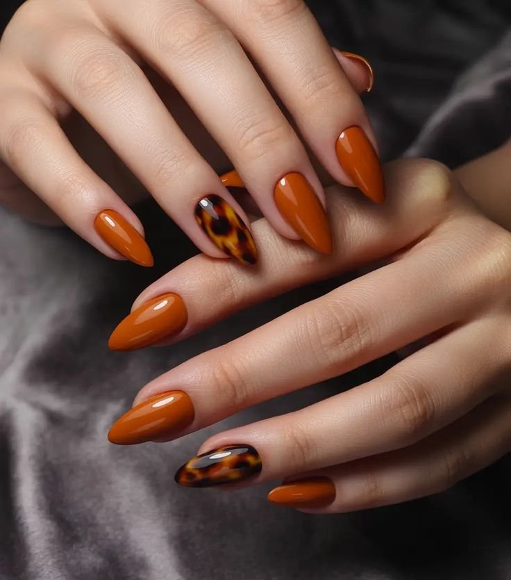 Burnt Orange Nails with Tortoiseshell Accent