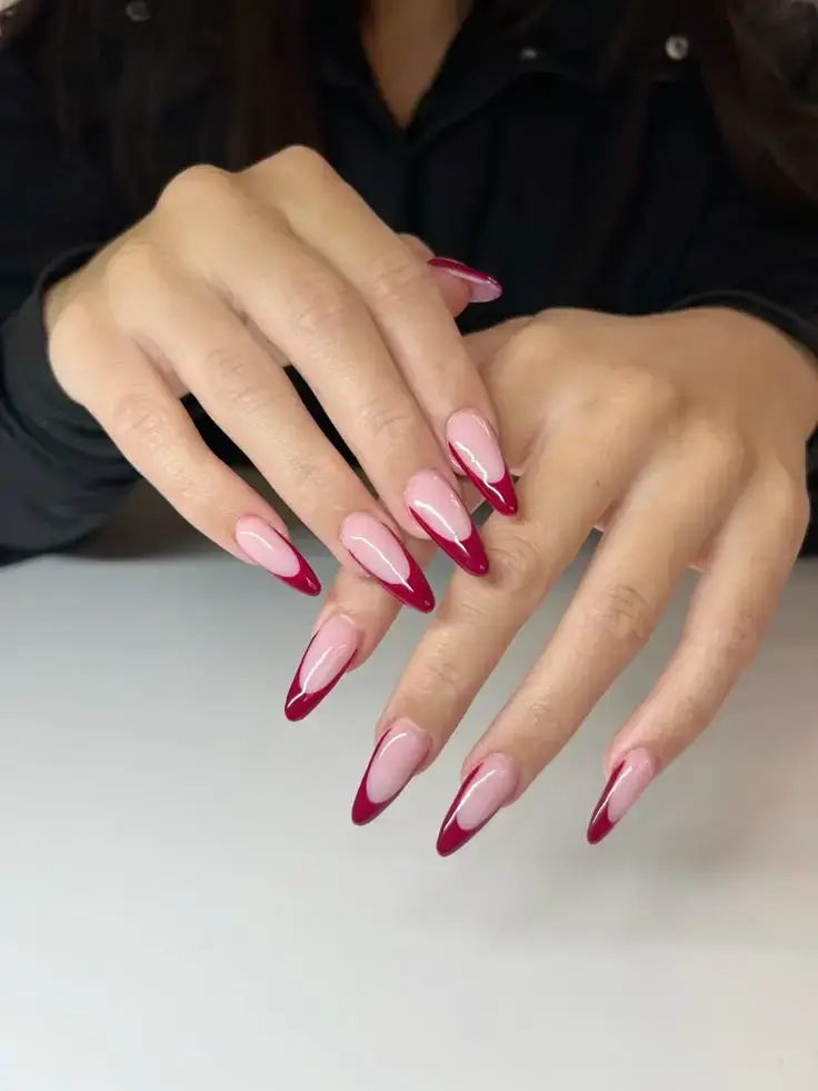 Cherry Red French Tip Almond Nails