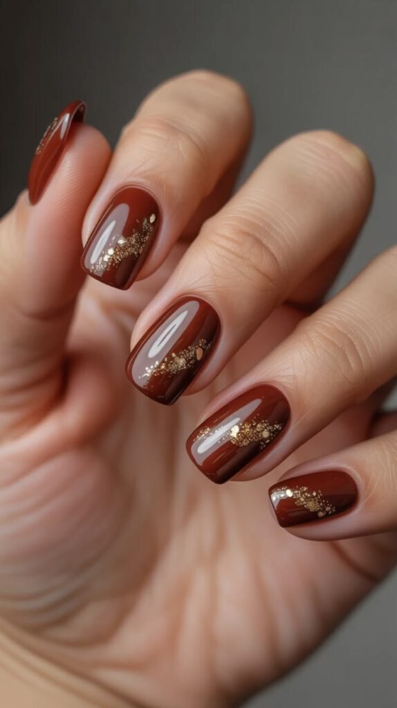 Chocolate Brown Fall Nails with Gold Glitter