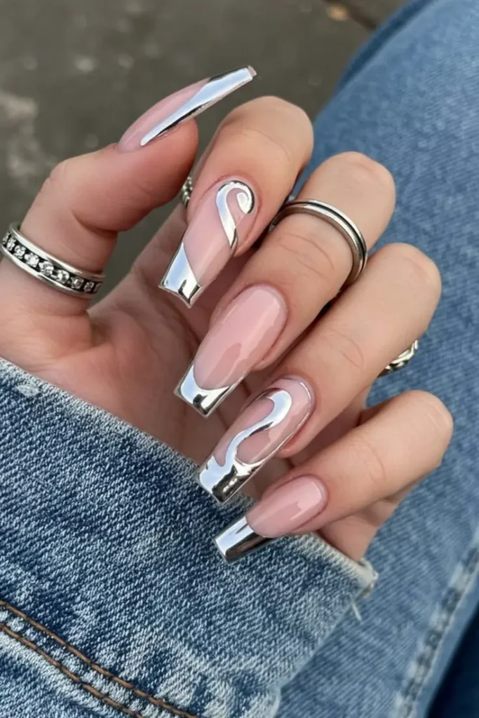 Chrome Swirl French Tip Coffin Nails