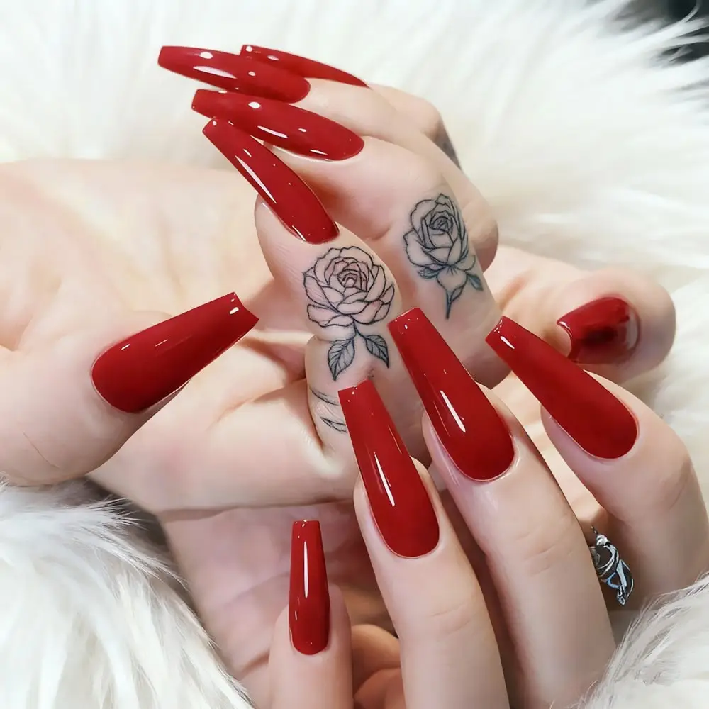 Classic Deep Red Glossy Coffin Nails
