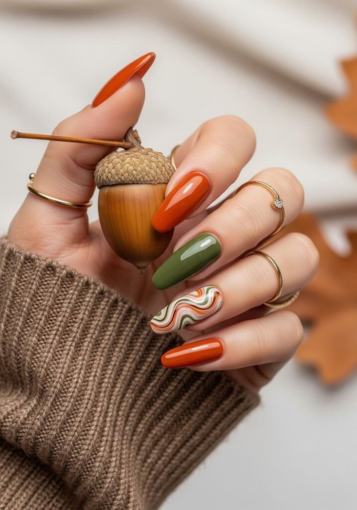 Cozy Fall Nails with Pumpkin and Olive Tones