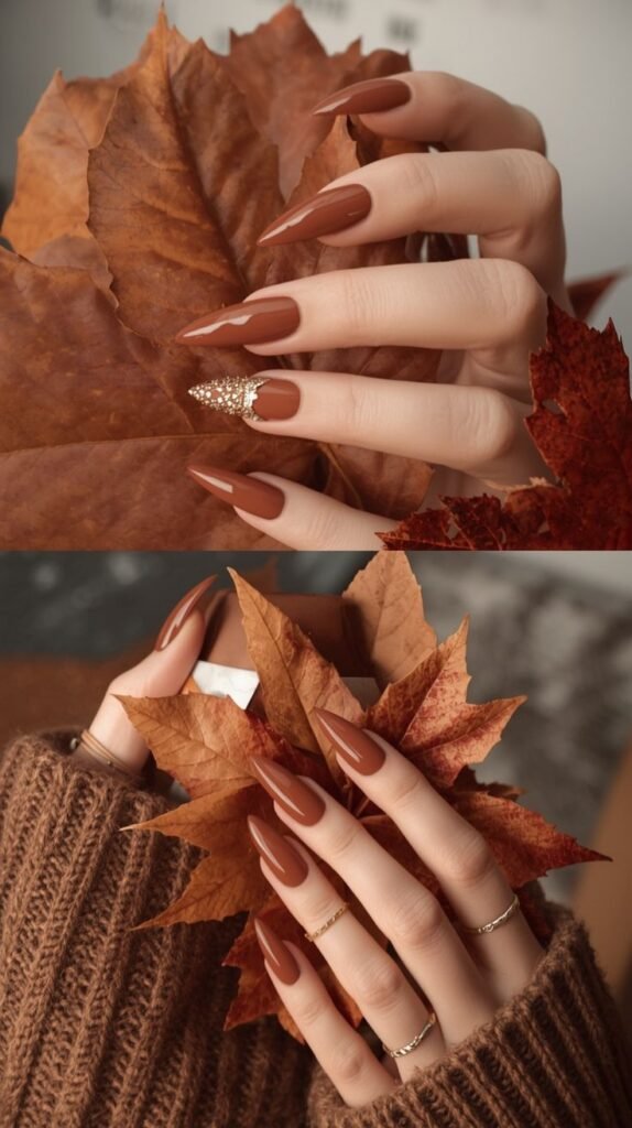 Elegant Brown Fall Nails with Gold Accents
