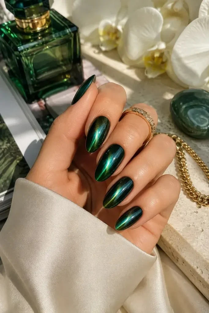 Emerald Green Nails Chrome