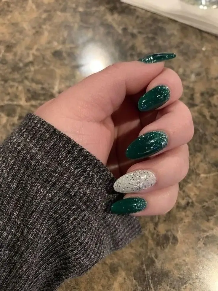 Emerald Green Nails With Silver