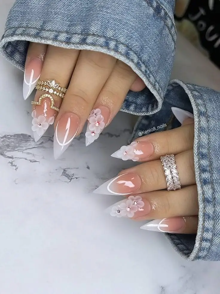 Floral Wedding Nails for Bride with 3D Flowers