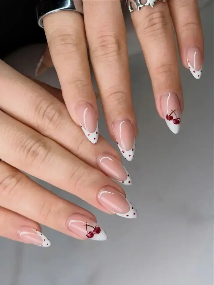 French Tip With Cherry on Ring Finger
