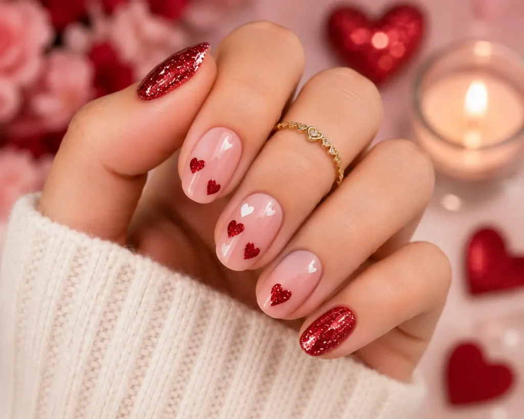 Glitter Heart Accent Nails