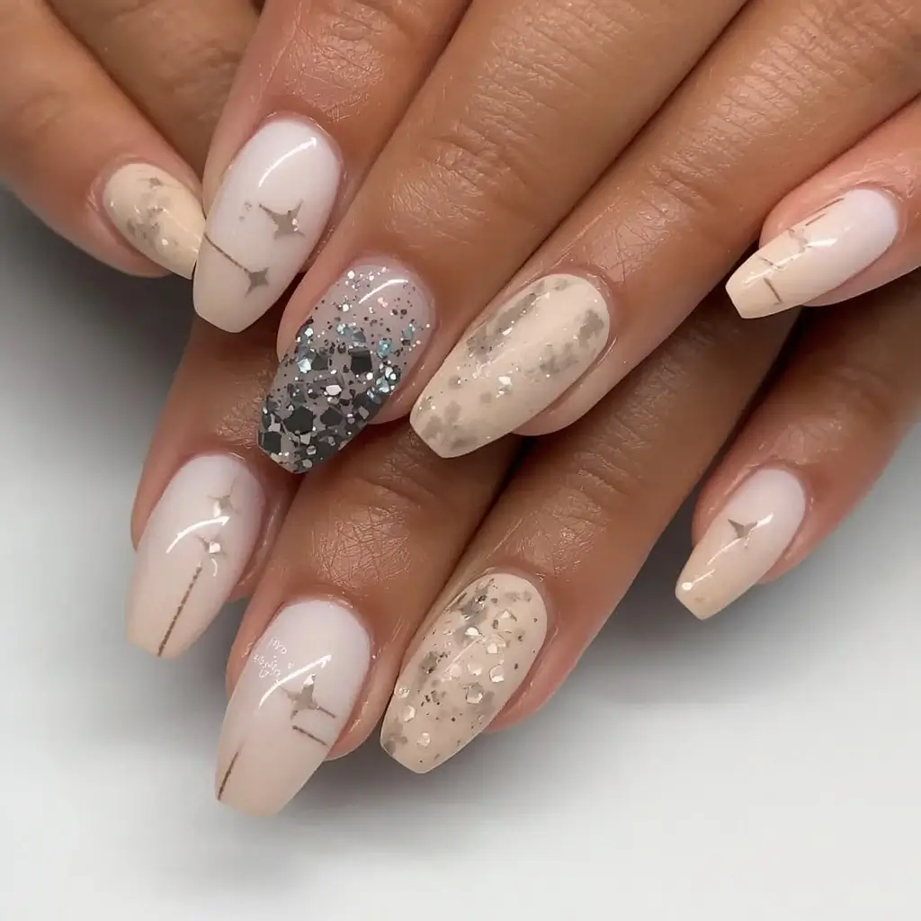 Gorgeous Beige Geometric Nail Designs Ideas With Glitter