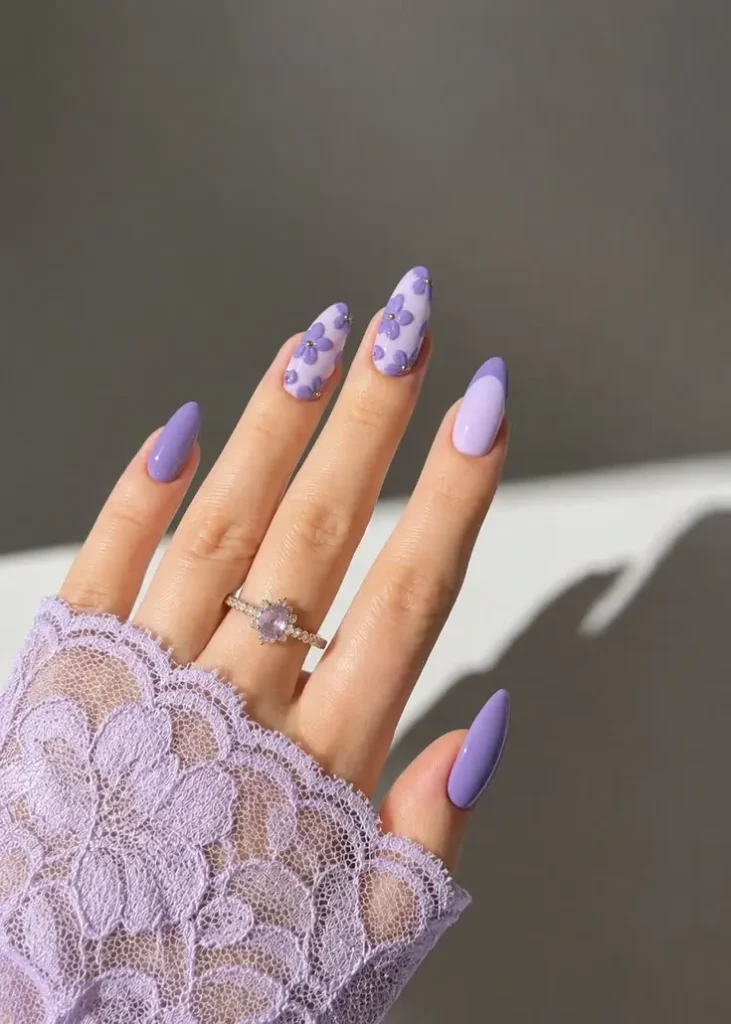Lavender Nails With Flowers