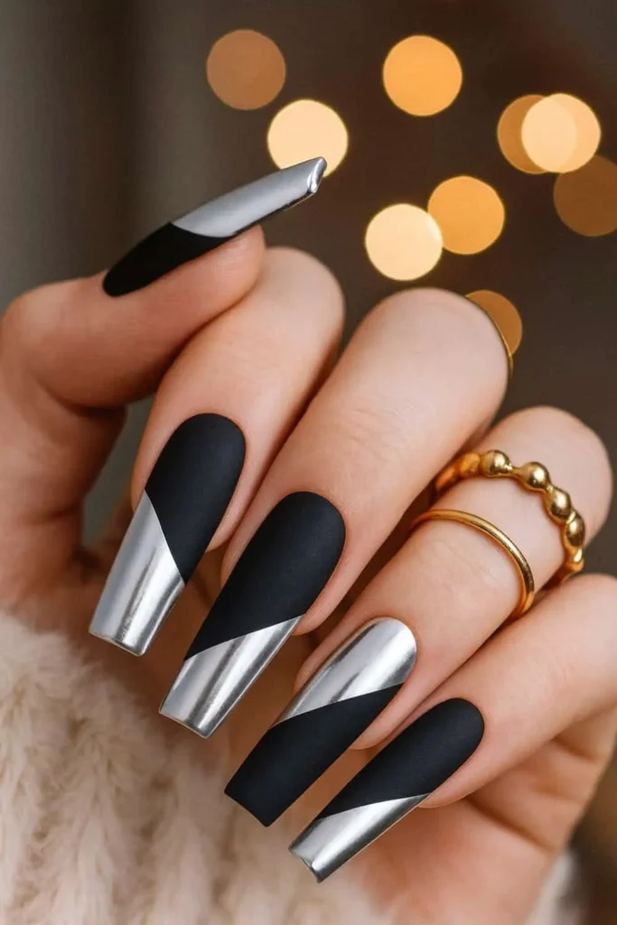 Matte Black & Chrome Silver Diagonal Coffin Nails