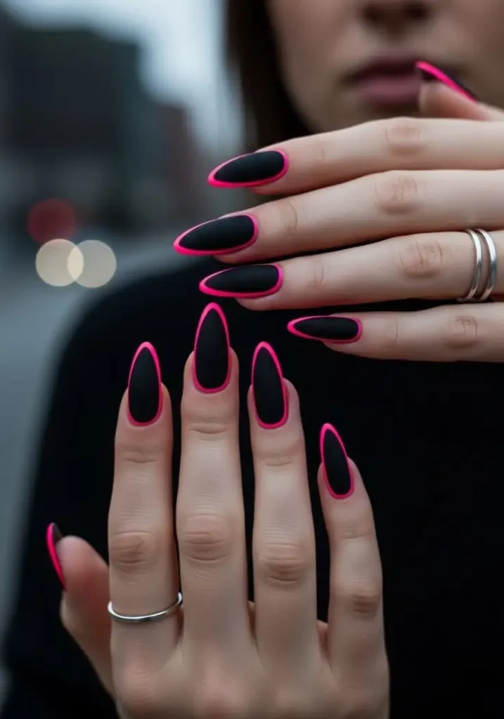 Matte Black Nails with Hot Pink Outline