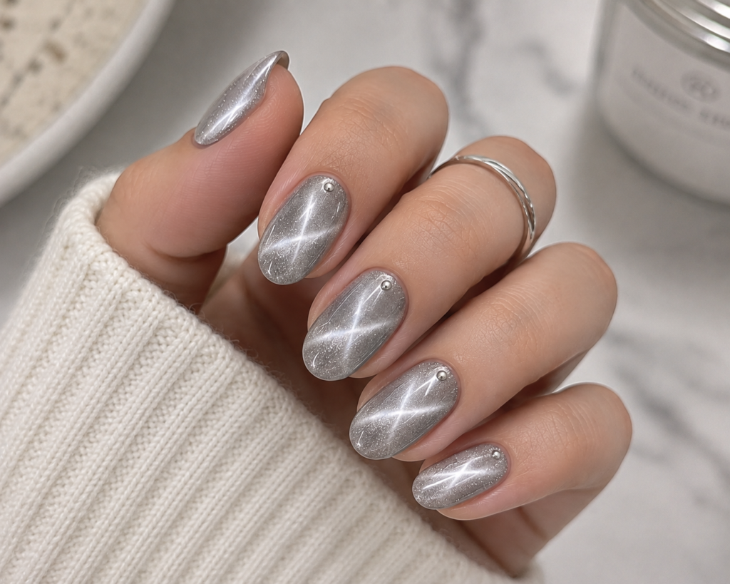 Minimal Silver Cat Eye Nail Design