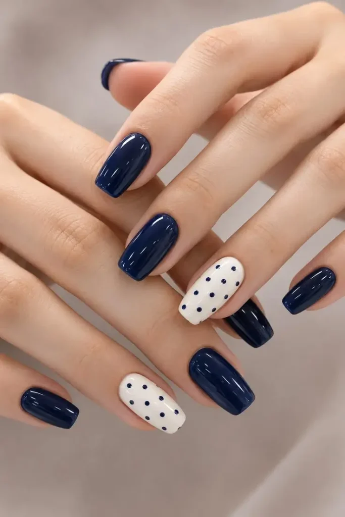Navy & Cream Dot Accent Nails