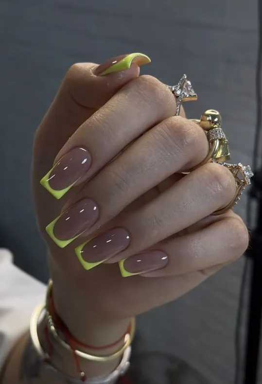 Neon Yellow-Green French Tip Nails