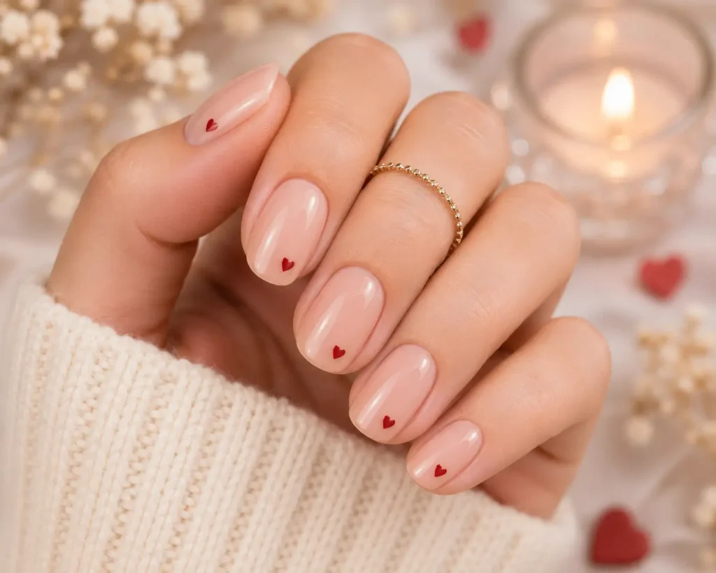 Nude Nails With Tiny Hearts