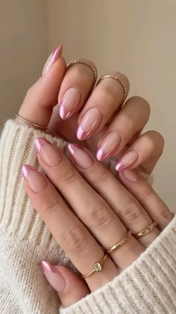 Pink Chrome French Tip Nails Almond