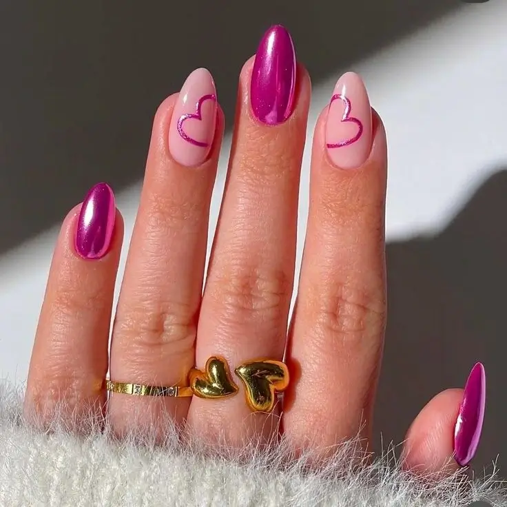 Pink Chrome French Tips With Hearts
