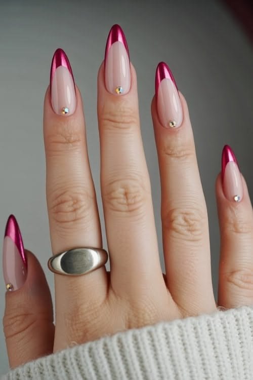 Pink Chrome French Tips With Rhinestones