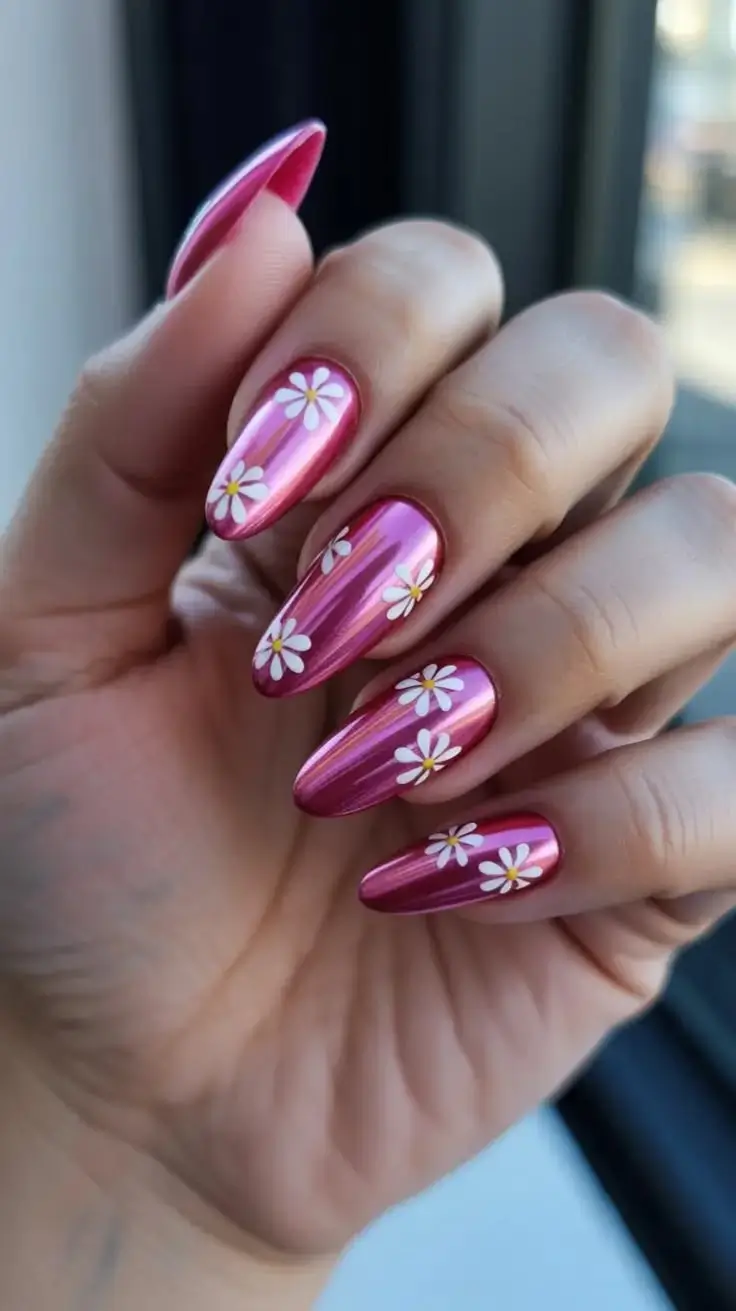Pink Chrome Nails With Flowers