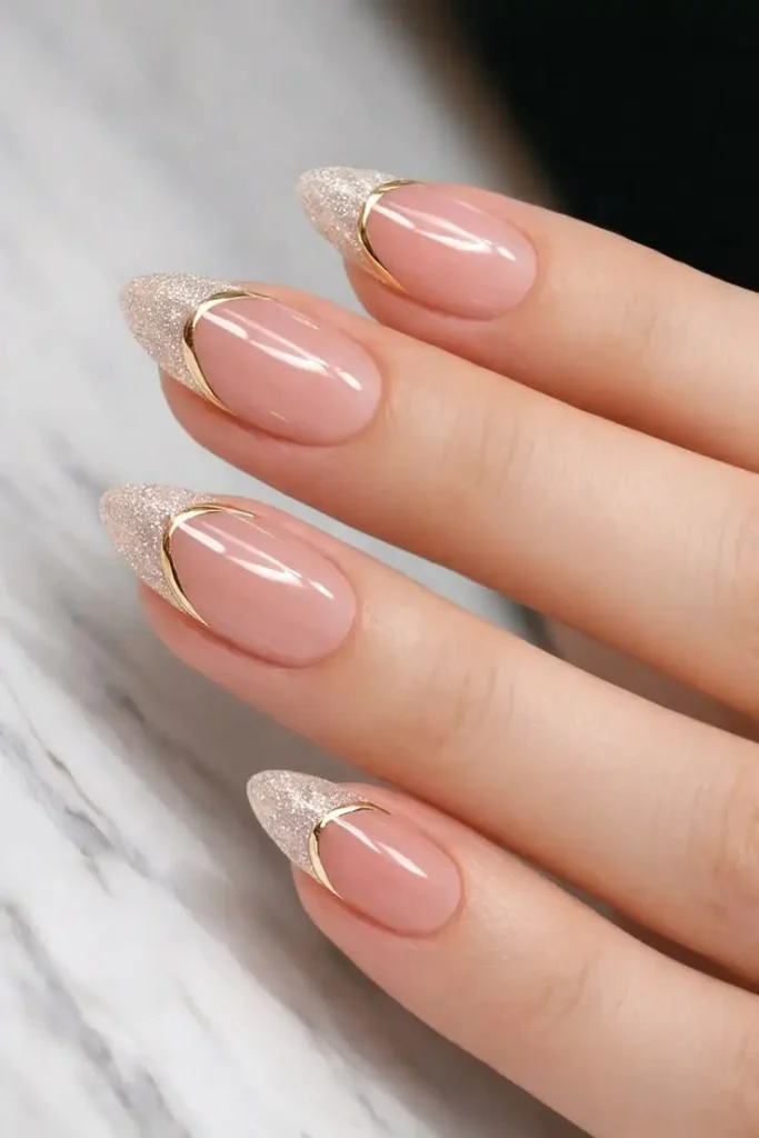 Pink Wedding Nails for Bride with Gold Tips