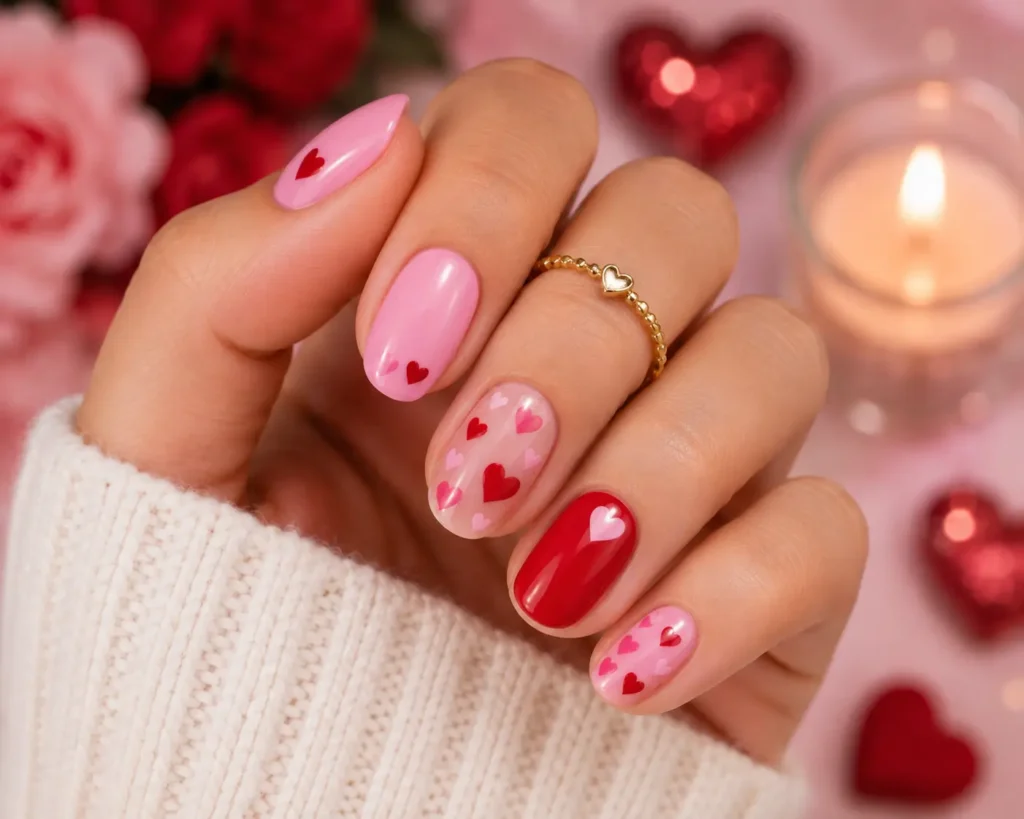 Pink and Red Heart Nails