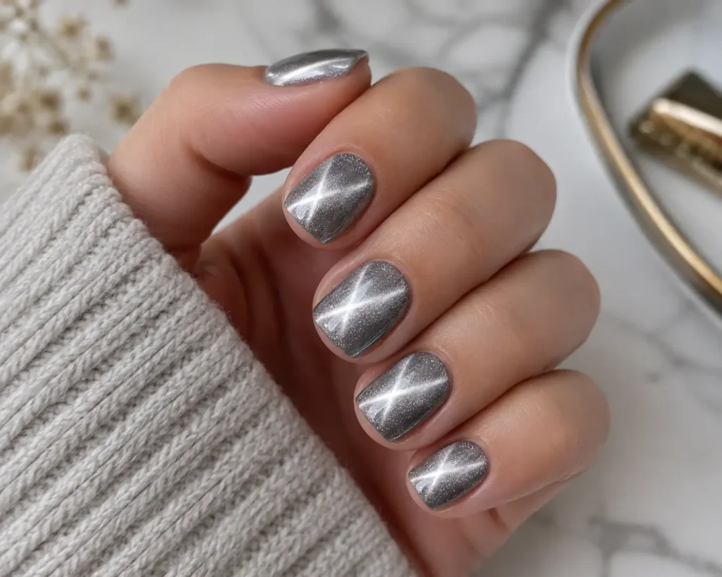 Short Silver Cat Eye Nails