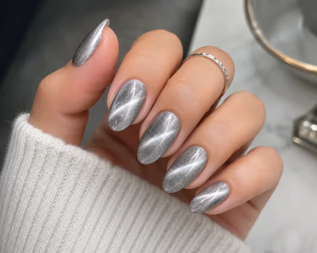 Silver Cat Eye Almond Nails