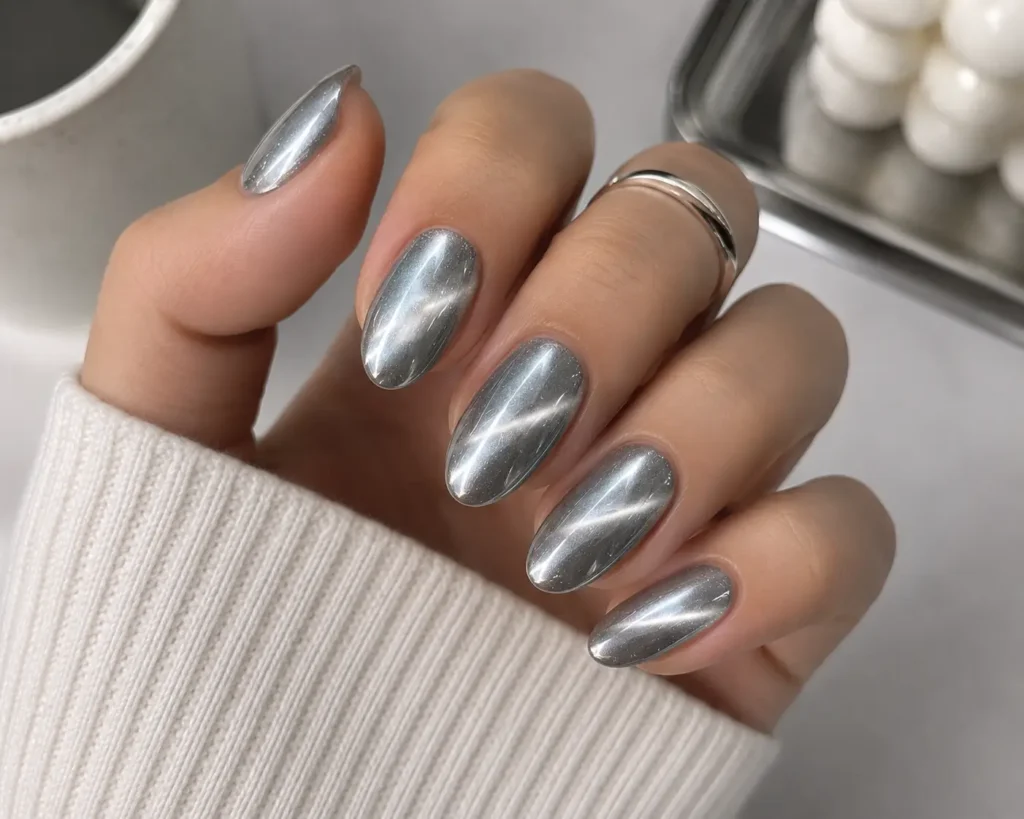 Silver Cat Eye Chrome Nails