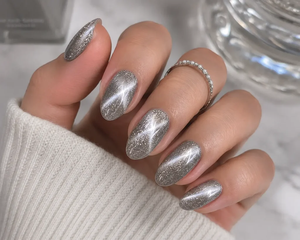 Silver Cat Eye Nails with Glitter