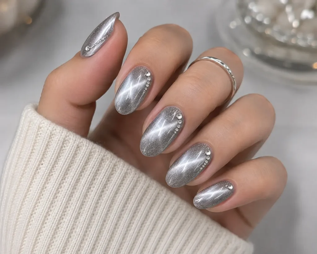 Silver Cat Eye Nails with Rhinestones