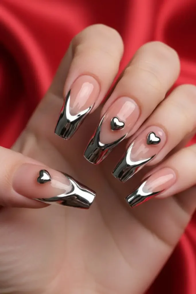 Silver Chrome V-Tip Nails with 3D Heart Accents