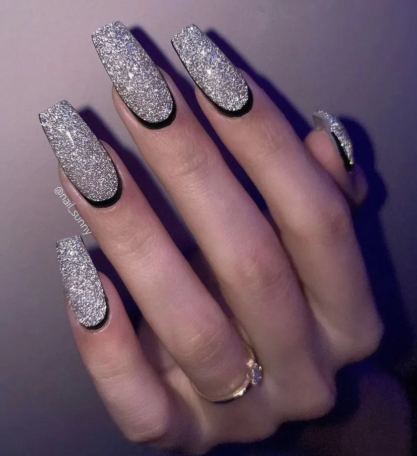 Silver Glitter Coffin Nails with Black Base