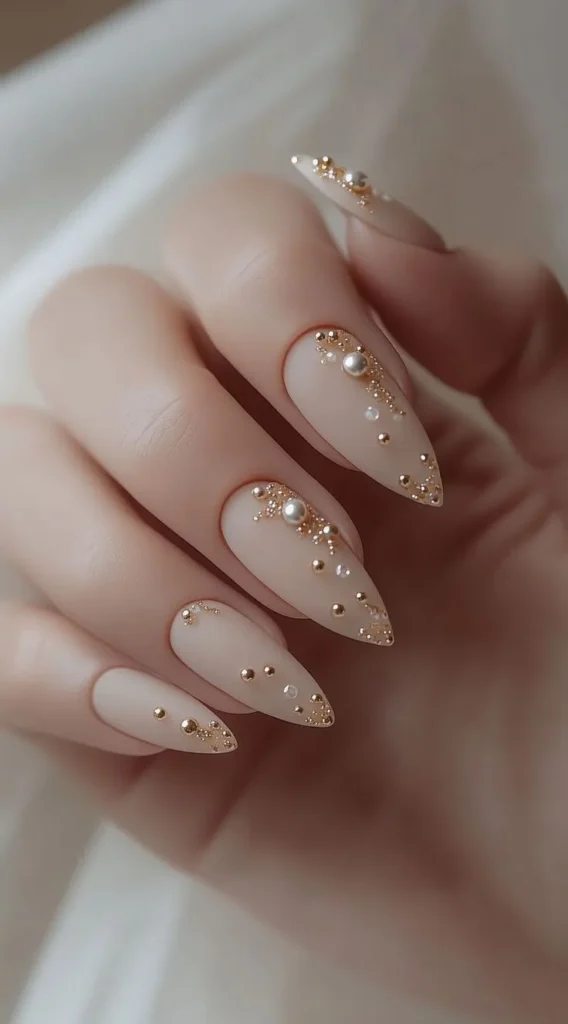 Soft Nude Wedding Nails for Bride with Pearls