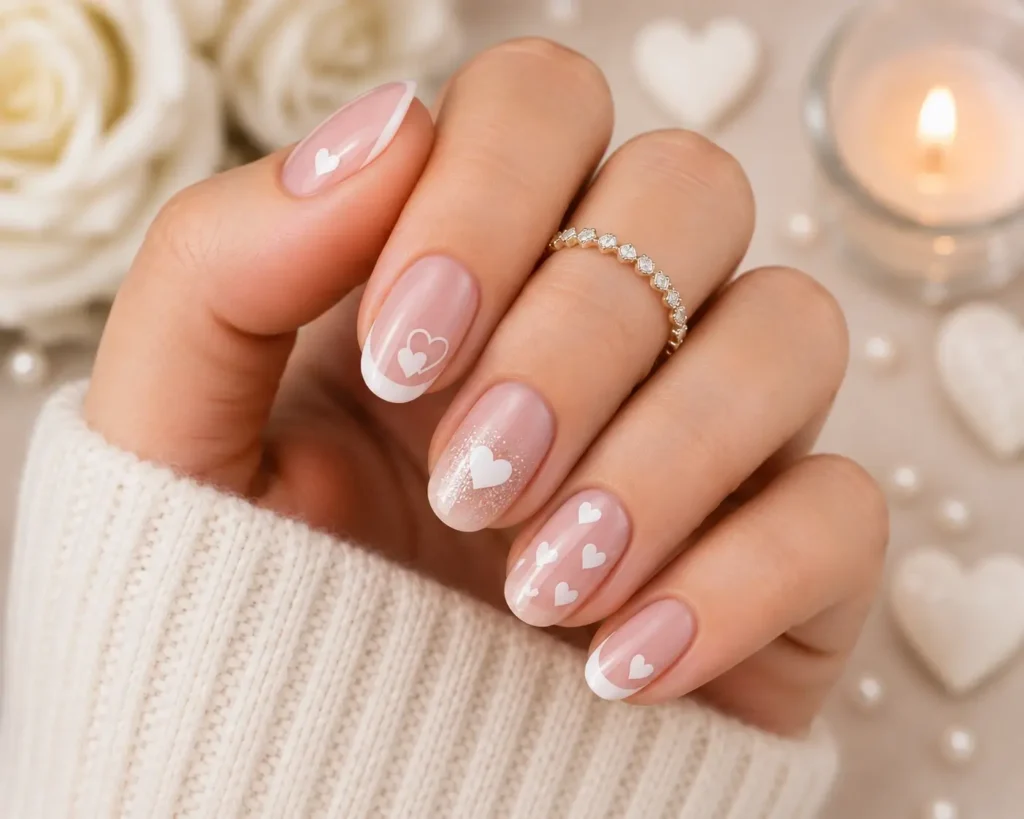 White Heart Anniversary Nails