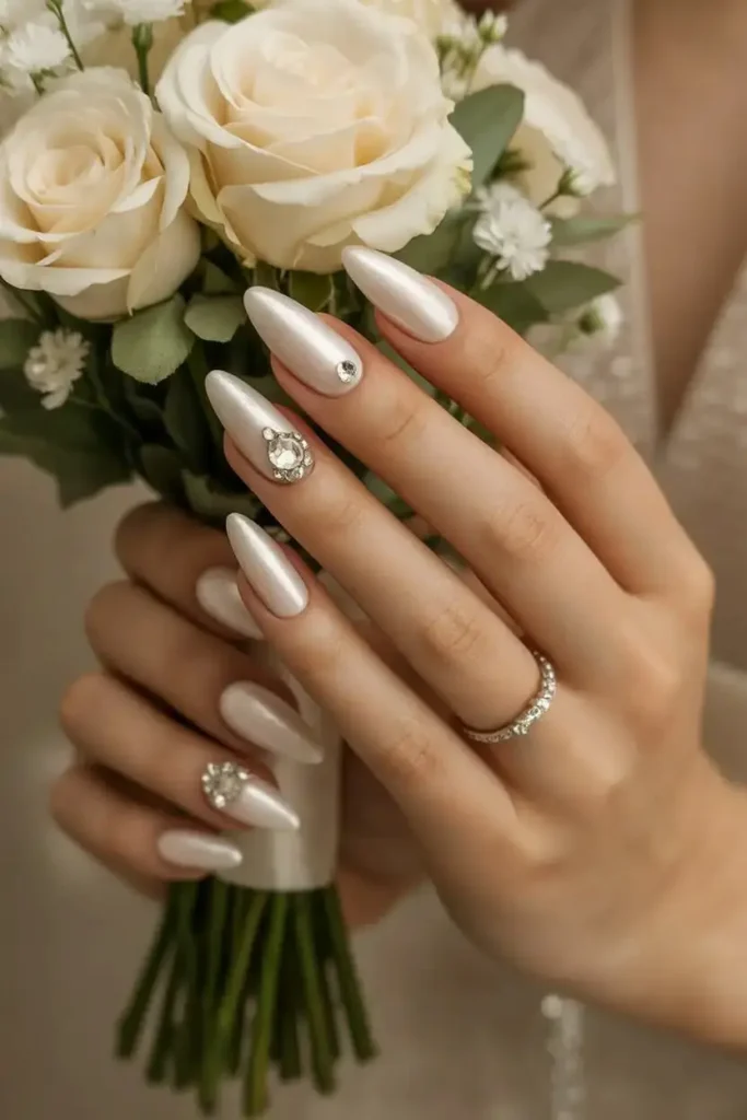 White Pearl Wedding Nails for Bride