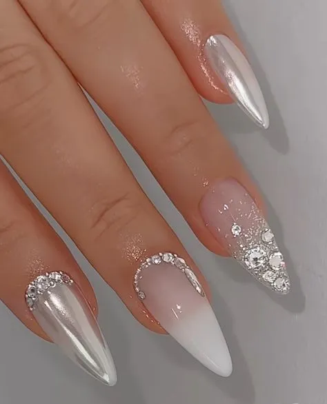 White Wedding Nails for Bride with Silver Rhinestones
