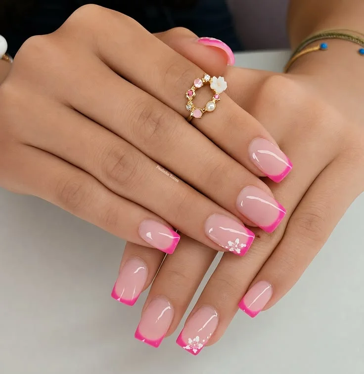 French Tip Nails with Design on Ring Finger