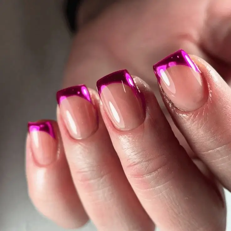 Pink French Tip Nails Chrome