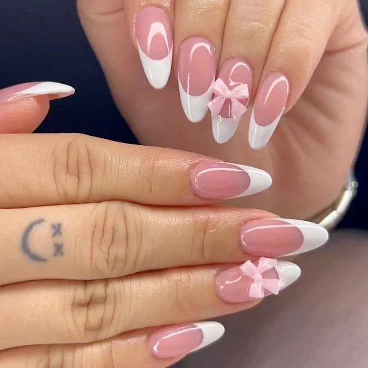 Pink French Tip Nails With Bow