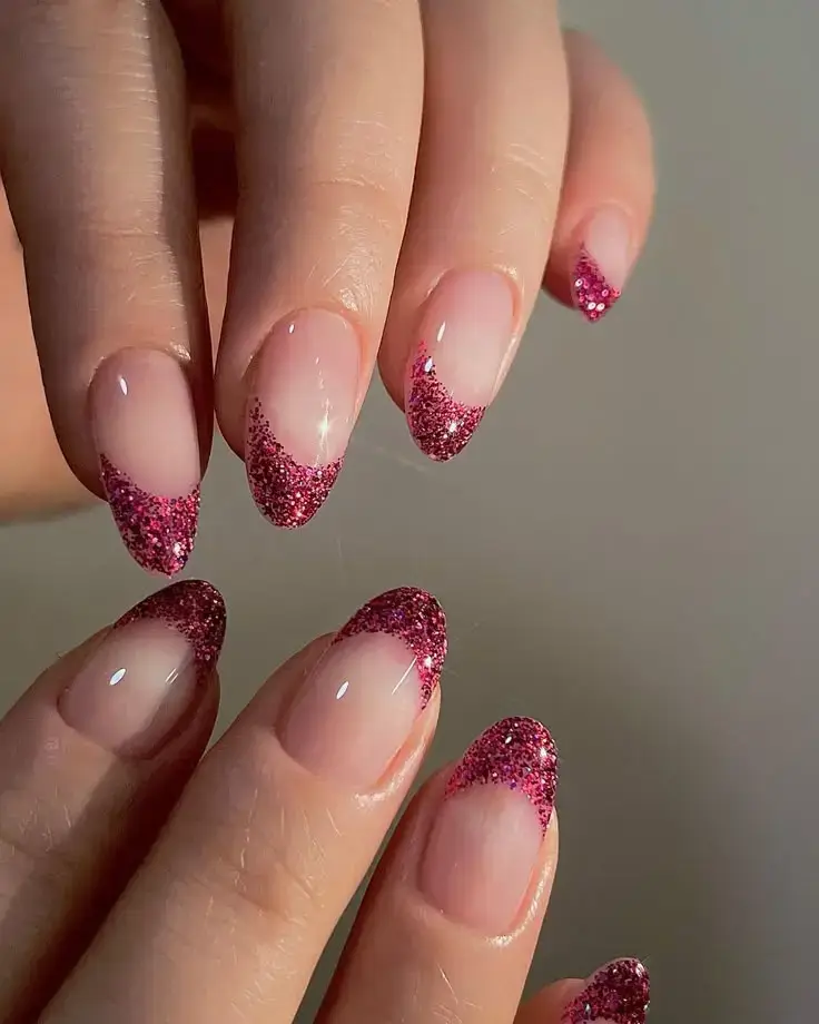 Pink Glitter French Tip Nails Short