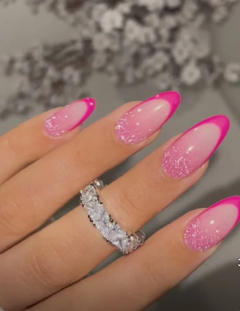 Pink Glitter French Tip Nails Short