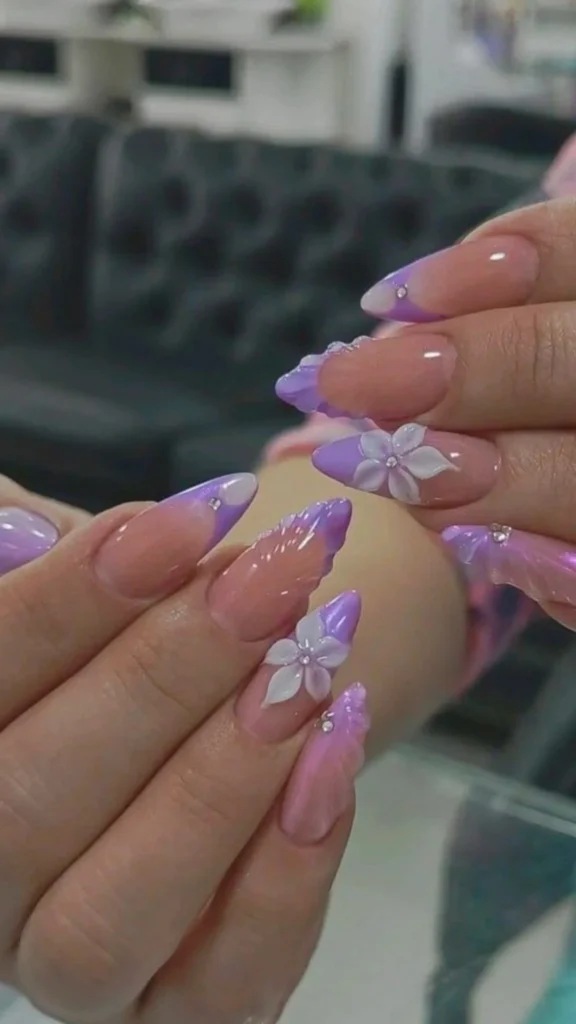 Purple French Tip Nails With Flowers